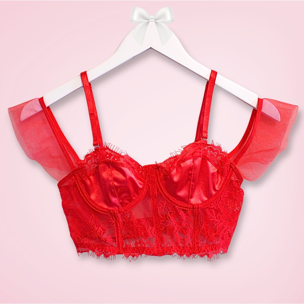 Red Lace Bustier Bra XS Satin Off Shoulder Strappy Back Corset Top